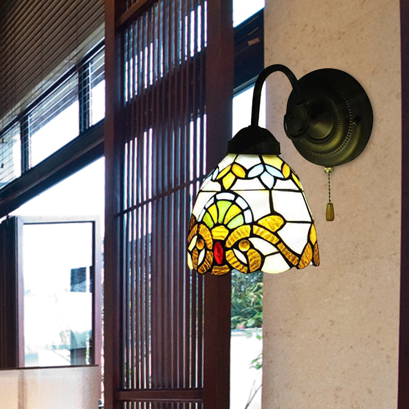 Victorian Stained Glass Yellow Dome Wall Sconce With Pull Chain - Perfect For Hallways