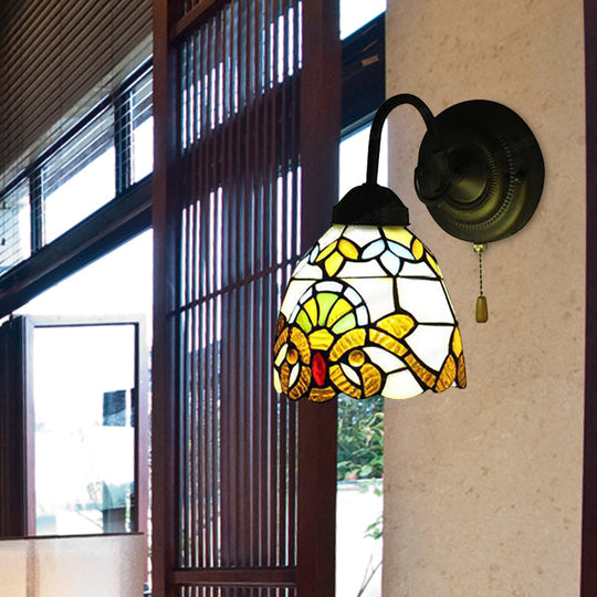 Victorian Stained Glass Yellow Dome Wall Sconce With Pull Chain - Perfect For Hallways