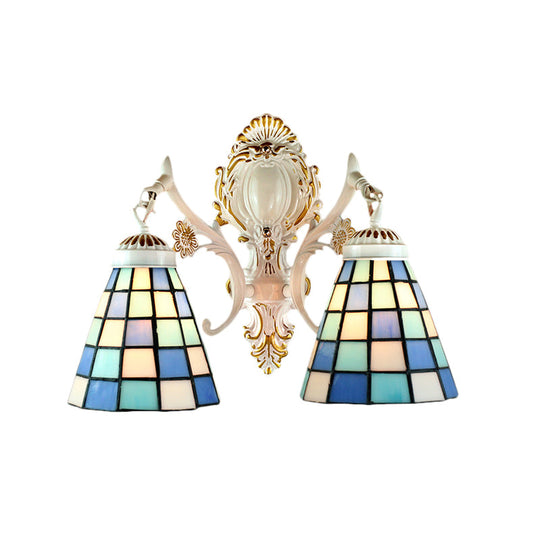 Tiffany Style Stained Glass Wall Sconce: 2-Light Cone With White Grid Pattern Finish