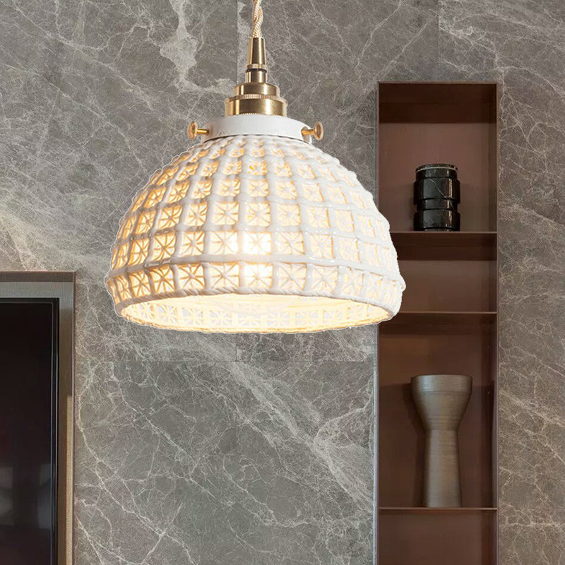 White Ceramic Domed Basket Pendant Lamp - Modern 1-Head Hanging Light For Kitchen Hallway