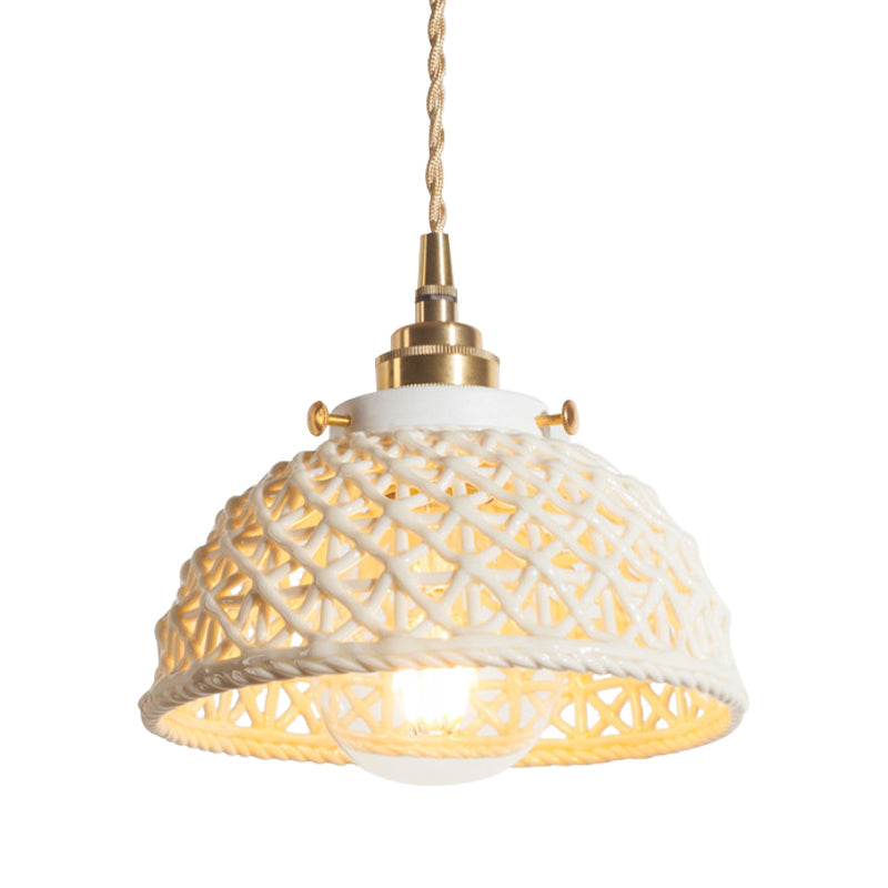 White Ceramic Domed Basket Pendant Lamp - Modern 1-Head Hanging Light For Kitchen Hallway