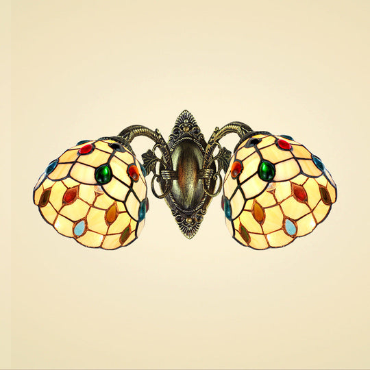 Stained Glass Tiffany-Style Domed Wall Light With 2 Jewel Heads For Stairway Mounting
