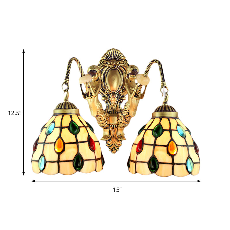 Jeweled Beige Glass Sconce Light: Elegant 2-Headed Brass Wall Mount For Bedroom