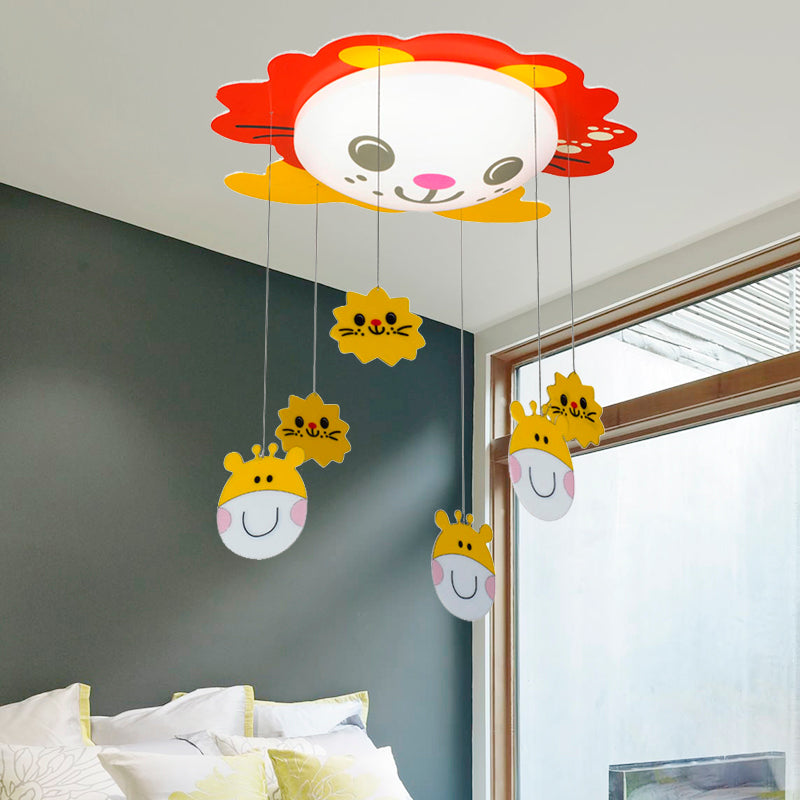 Sun & Animal-Themed Red Kindergarten Ceiling Light With Acrylic Shade