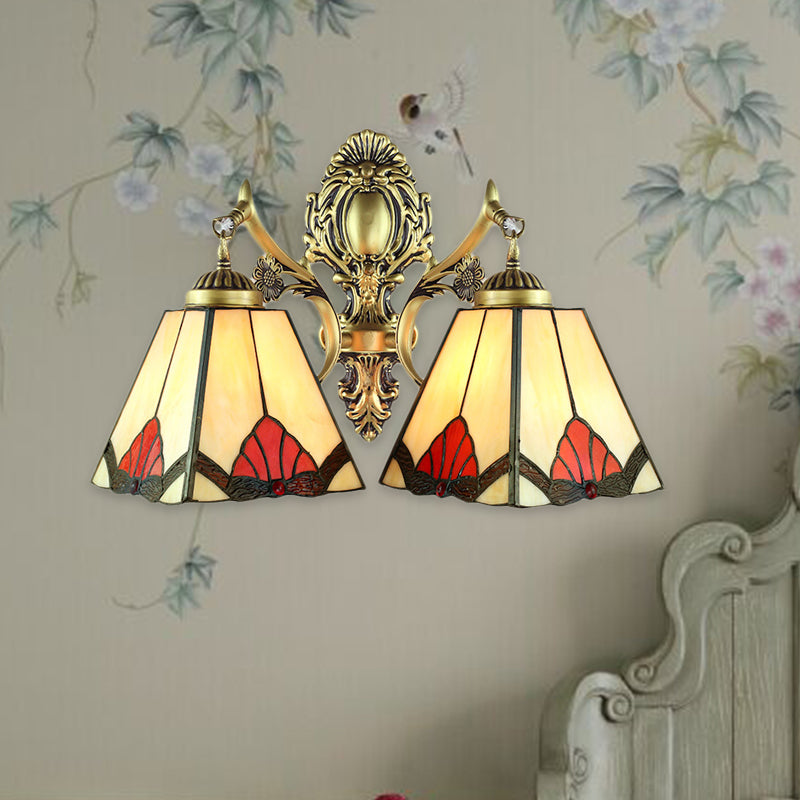 Retro Style Stained Glass Wall Lamp With 2 Heads - Beige Pyramid Fixture Light For Living Room