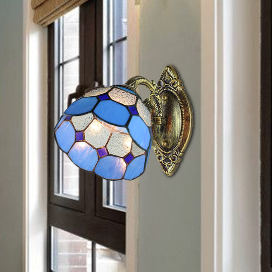 Blue Stained Glass Wall Sconce Tiffany Style - Scalloped Edged Lighting For Stairway