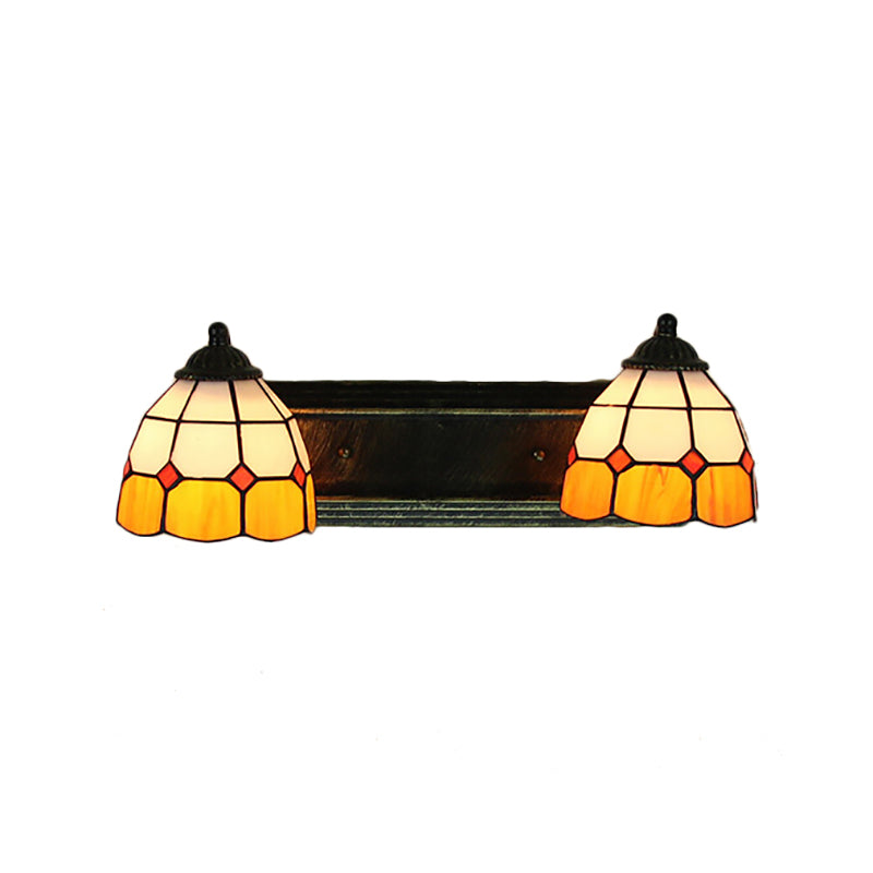 Baroque Yellow And White Glass Sconce Light With Grid Pattern - 2 Head Bronze Wall Mounted