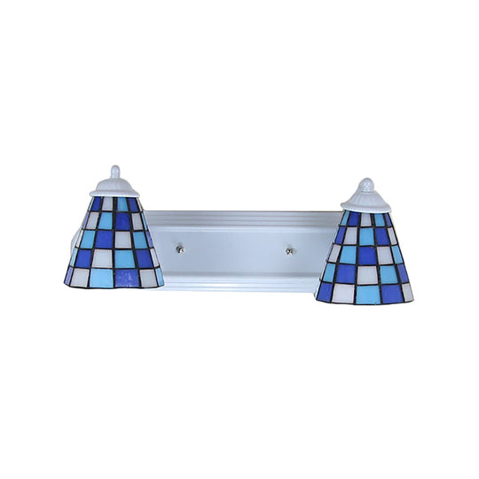 Blue Conical Glass Wall Sconce With Grid Pattern And 2 Heads - Baroque Style