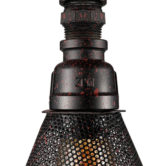 Vintage Rust Metallic Cone-Shaded Pendant With Mesh Screen - 1 Bulb Hanging Lamp