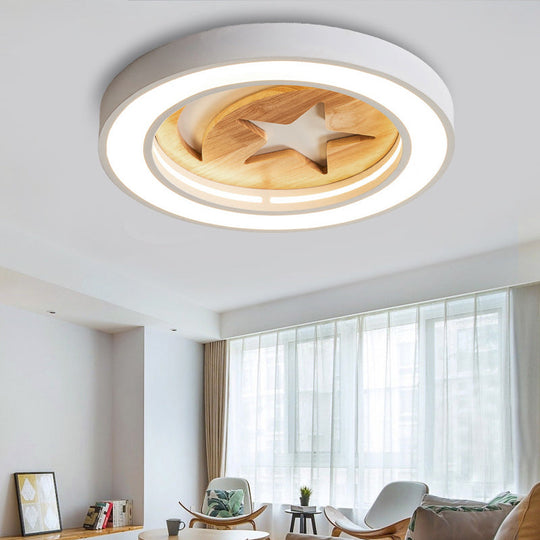 Kid’s Acrylic Modern Led Ceiling Lamp – Slim Circle Design With Star Pattern Ideal For Bedroom White