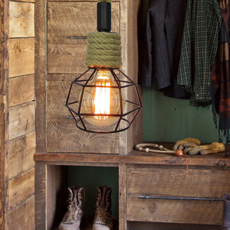 Vintage Global Cage Pendant Light In Metallic Black With Rope Cord - 1 Head Ceiling Fixture