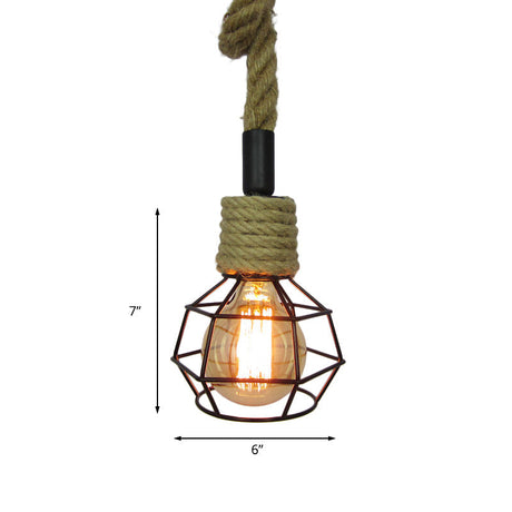 Vintage Global Cage Pendant Light In Metallic Black With Rope Cord - 1 Head Ceiling Fixture