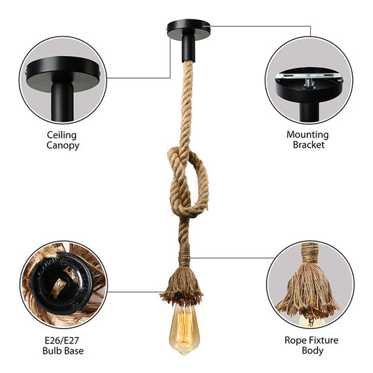 Minimalist Exposed Hanging Lamp: Adjustable Ceiling Light Fixture With Natural Rope Beige Shade