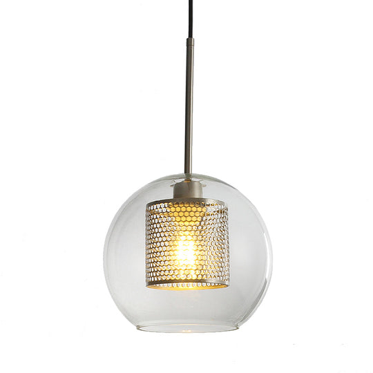 Sleek Orb Pendant Light With Mesh Cylinder Shade - Ideal Glass Hanging Lamp For Hallways