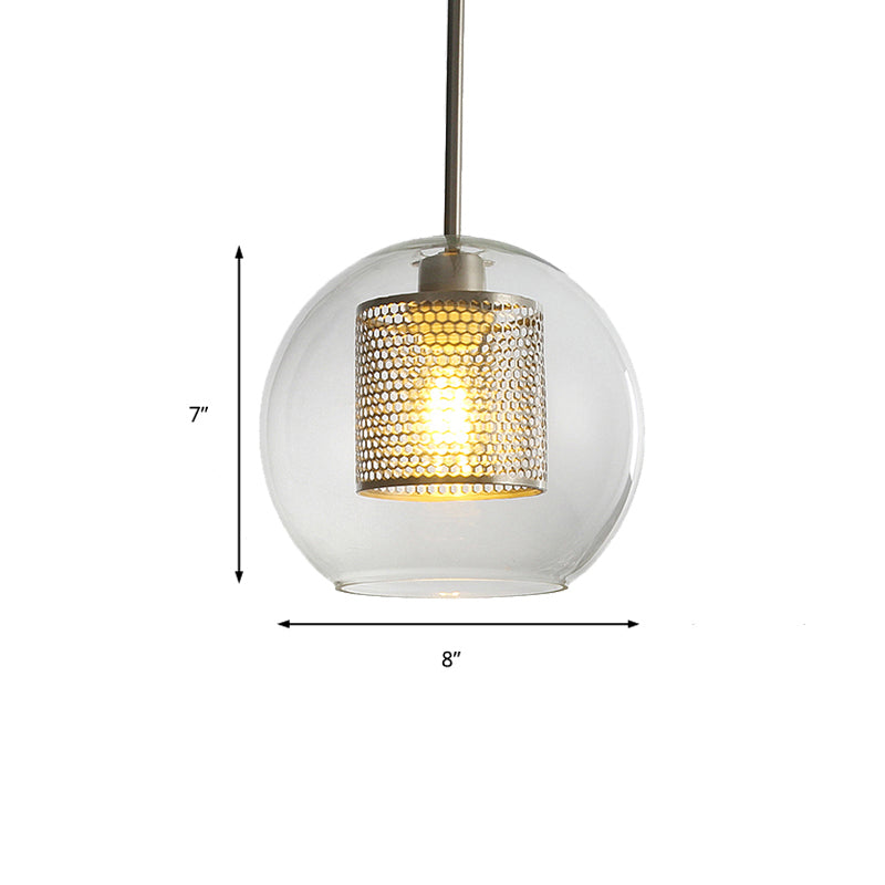 Sleek Orb Pendant Light With Mesh Cylinder Shade - Ideal Glass Hanging Lamp For Hallways