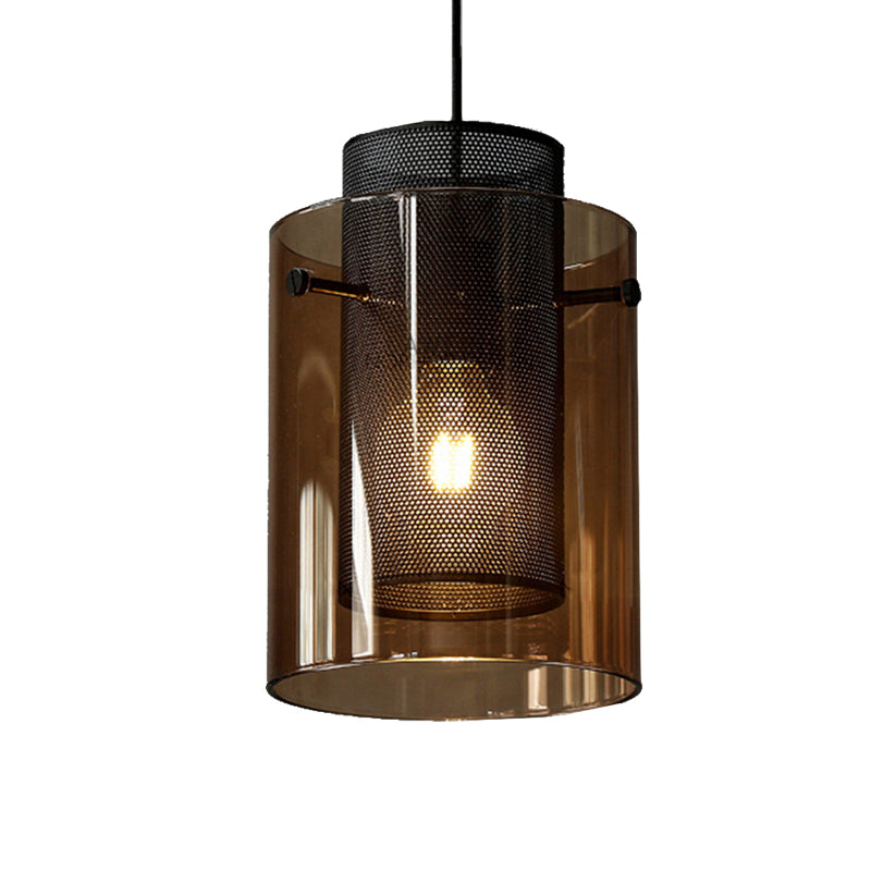 Modern Amber Cylinder Pendant Lamp With Hollow Mesh Screen - Ideal Hanging Light For Kitchen 1 Bulb