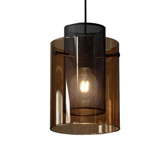 Modern Amber Cylinder Pendant Lamp With Mesh Screen - Perfect Hanging Light For Kitchen