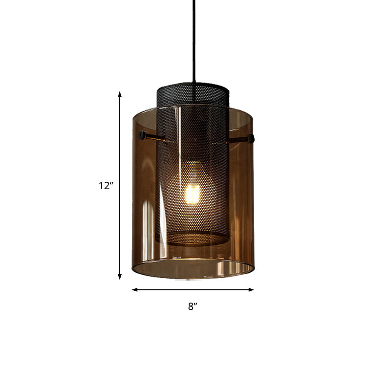 Modern Amber Cylinder Pendant Lamp With Mesh Screen - Perfect Hanging Light For Kitchen