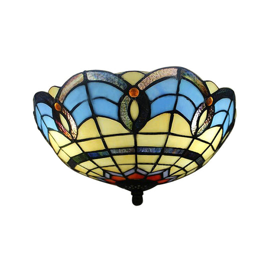 Retro Stained Glass 2-Light Flush Mount For Dining Room - Bowl Shade Light Fixture