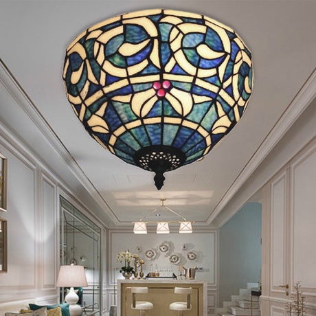 Rustic Stained Glass Flush Mount Light - 2-Light Fixture For Bedroom