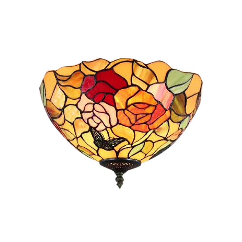 Stained Glass Rose Flush Mount: Lodge Inspired 2-Light Ceiling Fixture For Bedroom