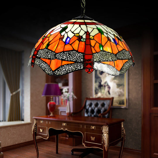 Dragonfly Hand-Cut Glass Ceiling Light With Victorian Style 2 Heads And Orange Finish - Suspended