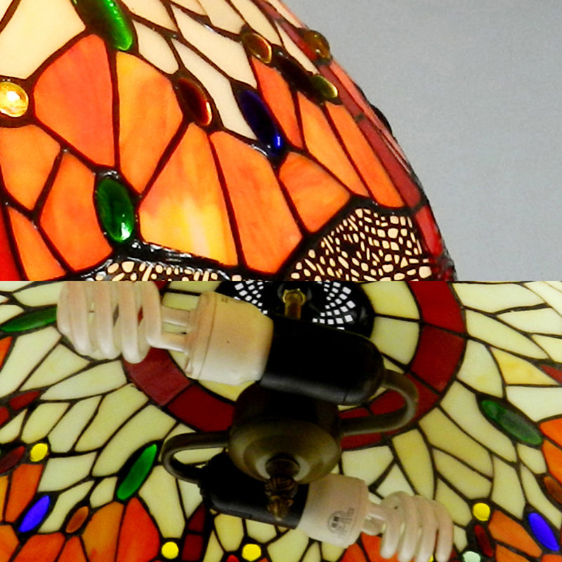 Dragonfly Ceiling Light - Orange Hand Cut Glass Victorian Fixture 2-Head Suspended Lighting