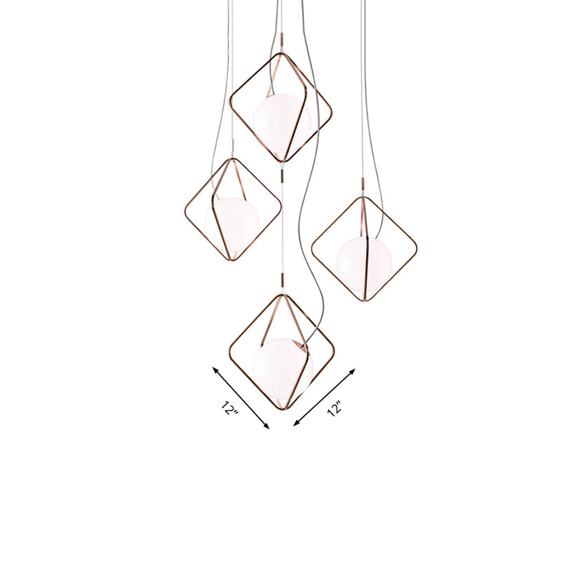 Modern Square Suspension Light With Metal & Glass Orb Shade In White – Ideal For Living Room