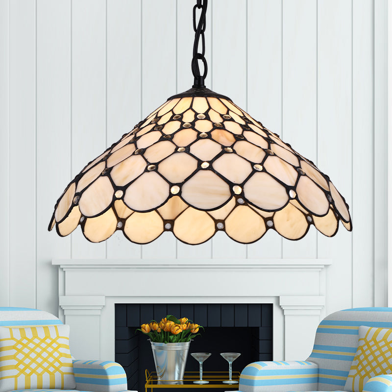 Baroque Hand-Cut Beige Glass Fishscale Pendant Light With Suspension For 1 Bulb