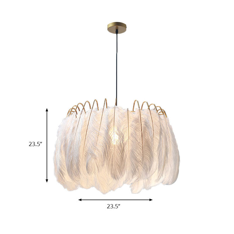 Romantic Feather & Metal Pendant Light For Adult Bedroom White 1-Light Drum Suspension