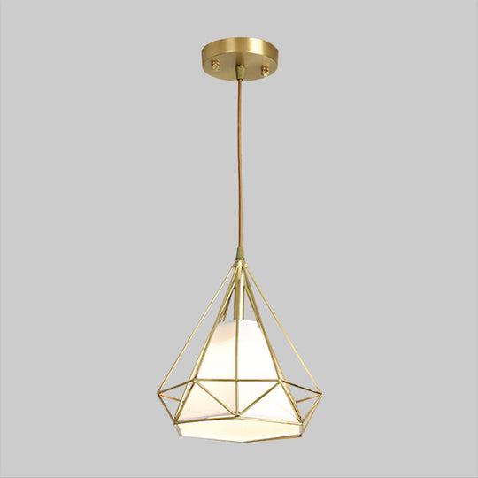 Simplicity 1-Head Brass Diamond Cage Pendant Light With Flaxen Inner Fabric Shade