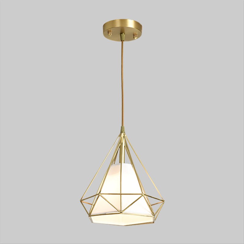 Simplicity Brass Diamond Cage Pendant Light With Flaxen Fabric Shade - Metallic Suspension Lamp