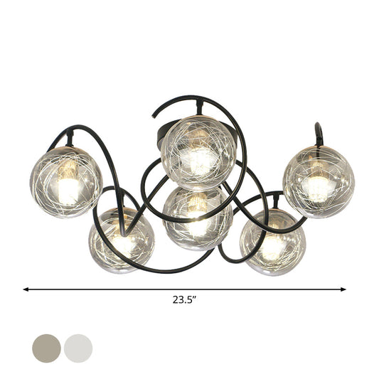 Simple Black Semi Flush Mount Ceiling Lamp With 6 Bulbs And Global Clear/Smoke Gray Glass Shade
