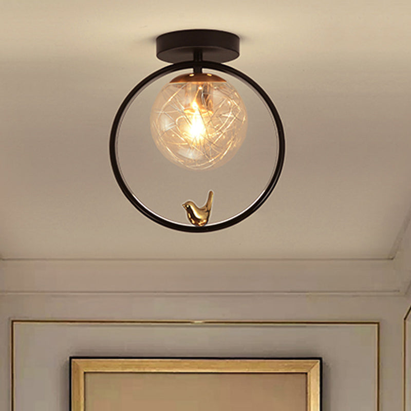 Contemporary Clear Glass Ceiling Light: Spherical Semi Flush Fixture With Single Bulb Black Mount