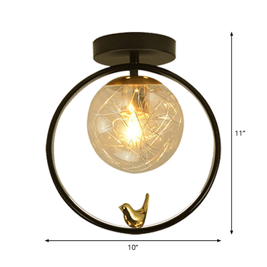 Contemporary Clear Glass Ceiling Light: Spherical Semi Flush Fixture With Single Bulb Black Mount