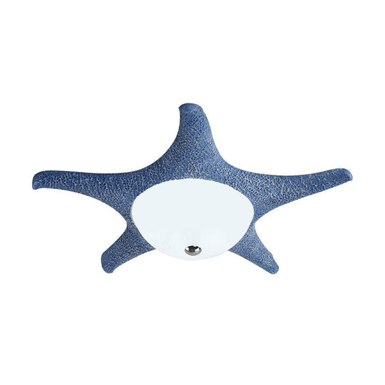 Kid’s Led Blue Starfish Flush Mount Lamp With Dome White Glass Shade