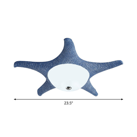 Kids Led Blue Starfish Flush Mount Lamp With Dome White Glass Shade