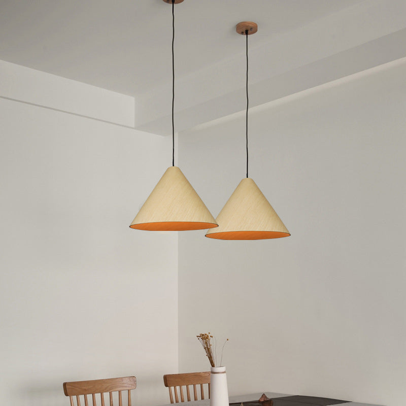 Rustic Red/Beige Hanging Lamp With Conic Wood Shade - 10’/13’ Wide