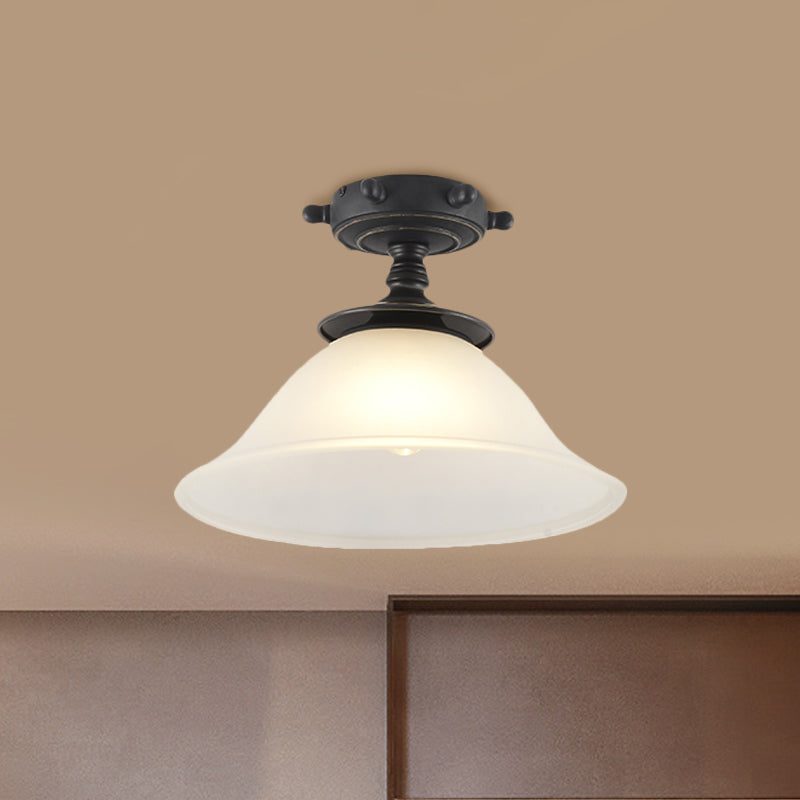 Modern 1-Light Black/Blue Mediterranean Semi Flush Mount Ceiling Light Opaque Glass Column/Flared