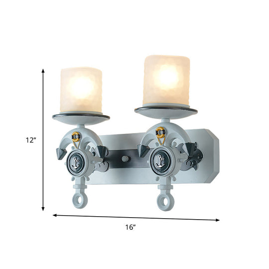 Modern Blue Wall Light With Cylindrical Dimpled Glass Shade - Sleek 1/2-Head Doorway Lighting