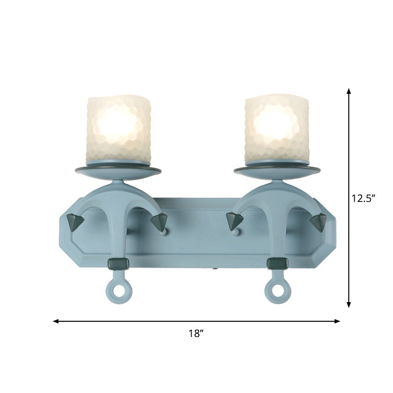 Nautical Blue Glass Cylinder Wall Light With Resin Anchor Deco - Mount Lamp