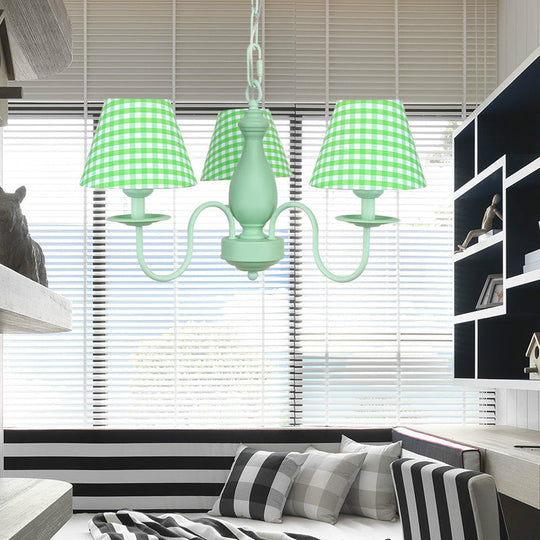 Modern Green Plaid Shade Chandelier - 3 Bulb Kids Hanging Light Bedroom Décor