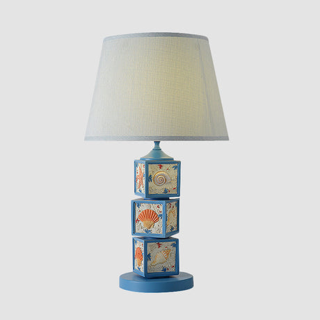 Mediterranean Resin Stacked Cube Desk Light - Sky Blue Night Lamp With Barrel Fabric Shade