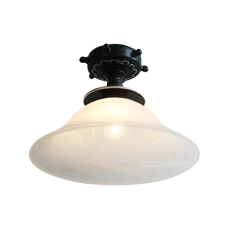 Nautical Opaline Glass Bell Ceiling Light In Black/White/Blue - 1 Bulb Semi Flush Mount Fixture For