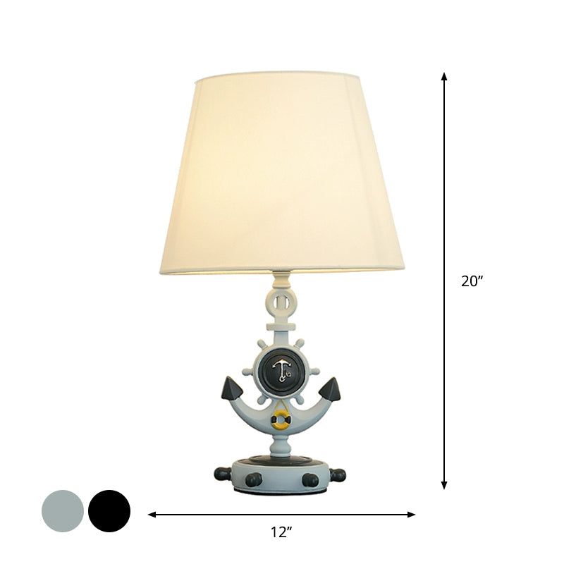 Nautical Cone Table Lamp: 1-Light Fabric Study Room Night Lighting Anchor Base & Rudder Pedestal