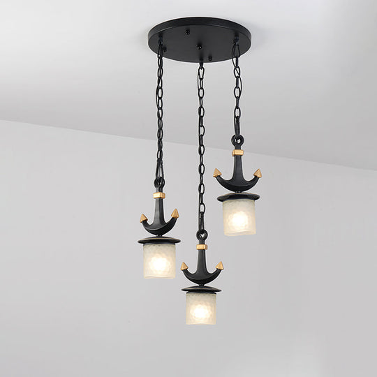 Modern Frosted Dimpled Glass Pendant Light With Linear/Round Canopy - Black | 3 Heads Parlor Hanging