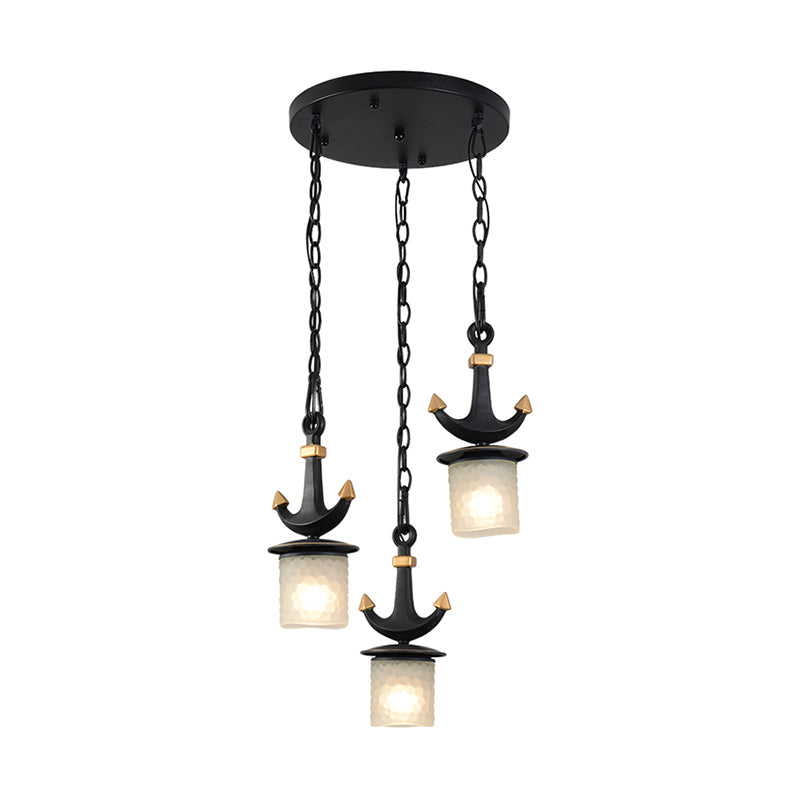 Modern Frosted Dimpled Glass Pendant Light With Linear/Round Canopy - Black | 3 Heads Parlor Hanging