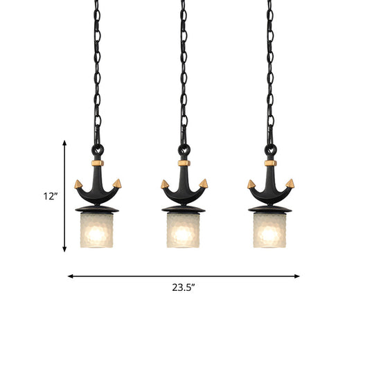 Modern Frosted Dimpled Glass Pendant Light With Linear/Round Canopy - Black | 3 Heads Parlor Hanging