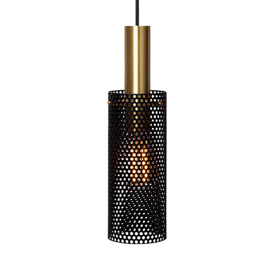 Hollow Design Cylinder Hanging Lamp - Black/White Metal Pendant With 1 Light