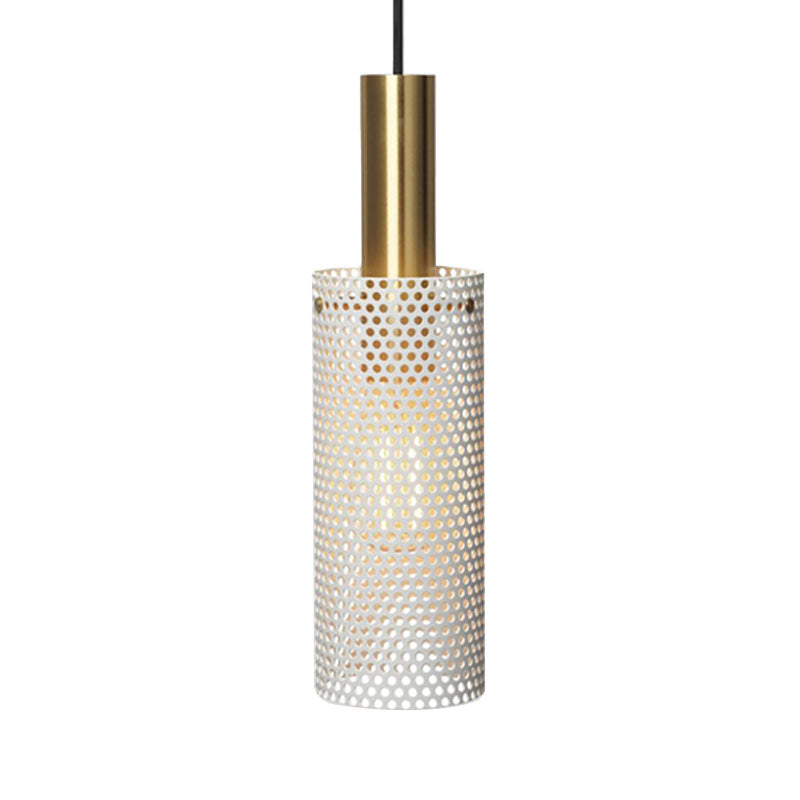 Hollow Design Cylinder Hanging Lamp - Black/White Metal Pendant With 1 Light